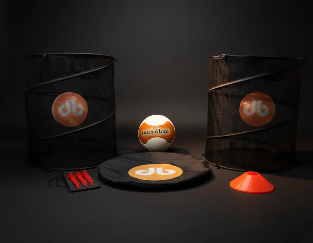 The RoundBol game set — complete kit with goals, ball, cones, stakes, and carry bag