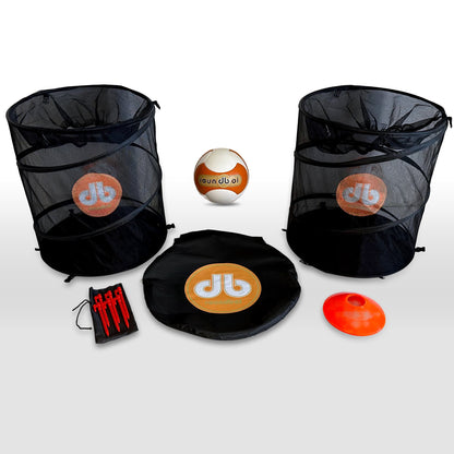 Complete RoundBol game set laid out — two goals, ball, carry bag, stakes, and cone